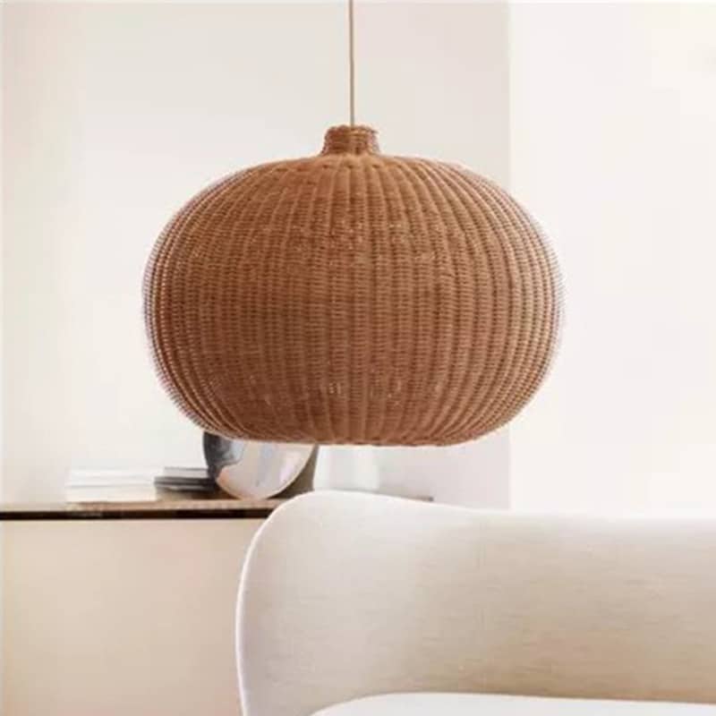 Round woven rattan and wicker pumpkin ball pendant