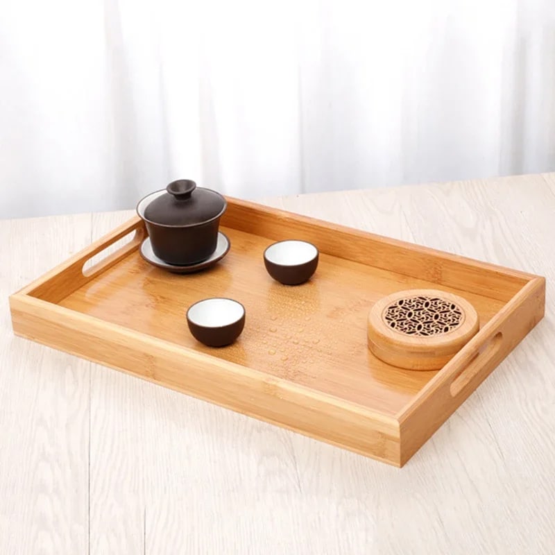 Rectangular bamboo serving tray with side handles