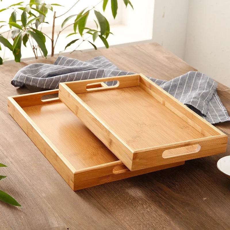 Rectangular bamboo serving tray with side handles