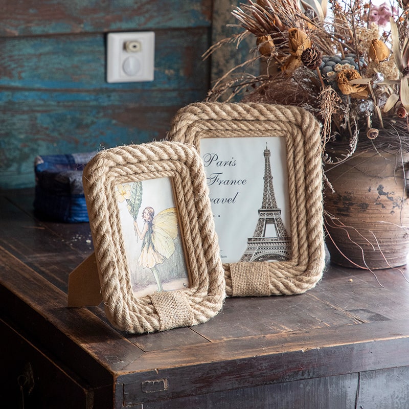 Rectangular picture frame wrapped in natural hemp rope