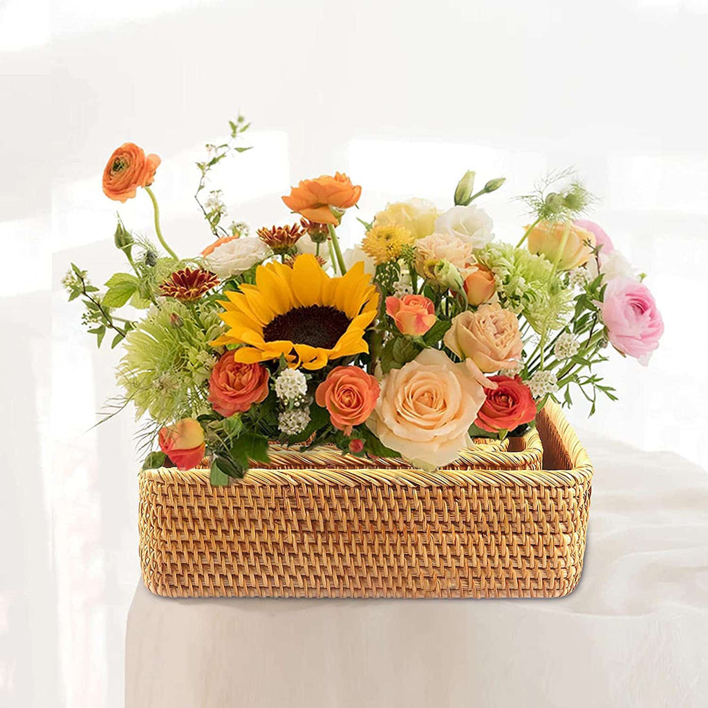 Nesting handwoven honey rattan rectangular baskets