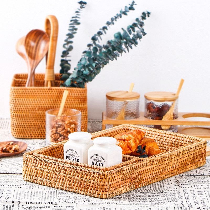 Rectangular honey rattan tray baskets on a table