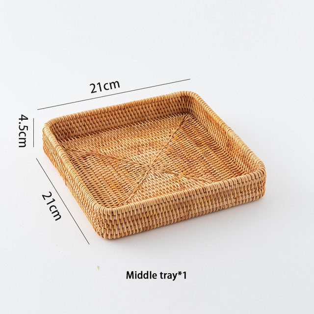 Rectangular honey rattan tray baskets on a table