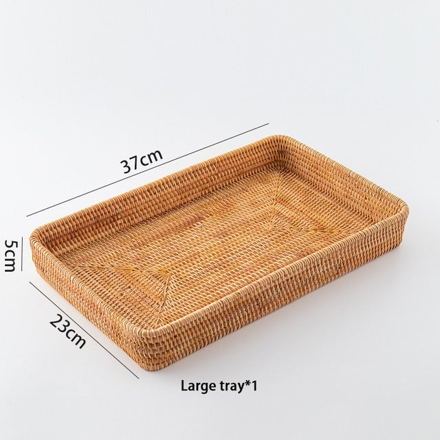 Rectangular honey rattan tray baskets on a table