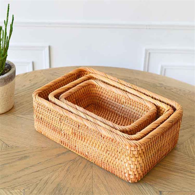 Nesting handwoven honey rattan rectangular pantry baskets