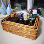 Nesting handwoven honey rattan rectangular pantry baskets
