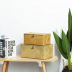 Rectangular hand woven rattan storage box with a carry handle