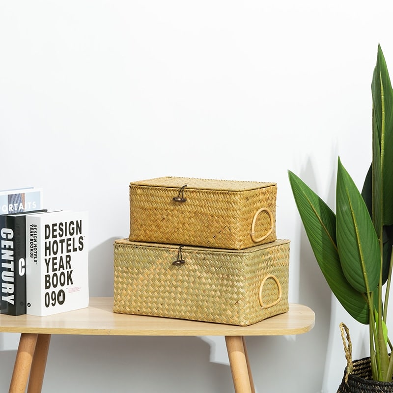 Rectangular hand woven rattan storage box with a carry handle