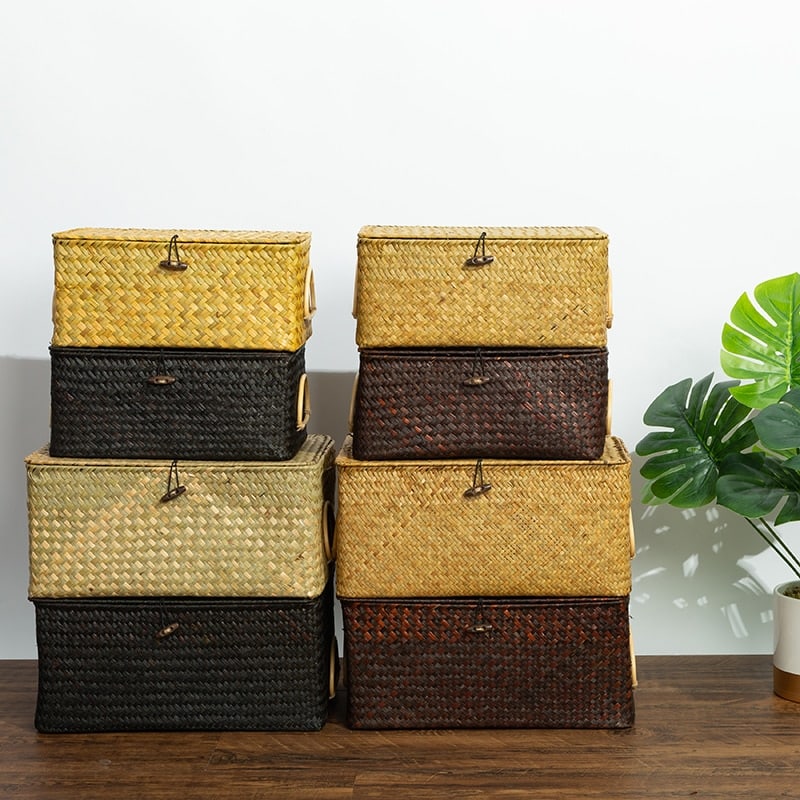 Rectangular hand woven rattan storage box with a carry handle