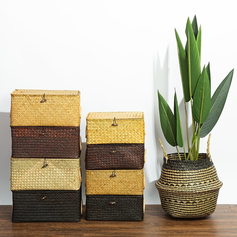 Rectangular hand woven rattan storage box with a carry handle