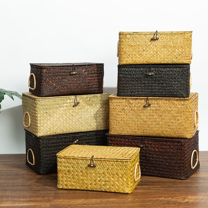 Rectangular hand woven rattan storage box with a carry handle