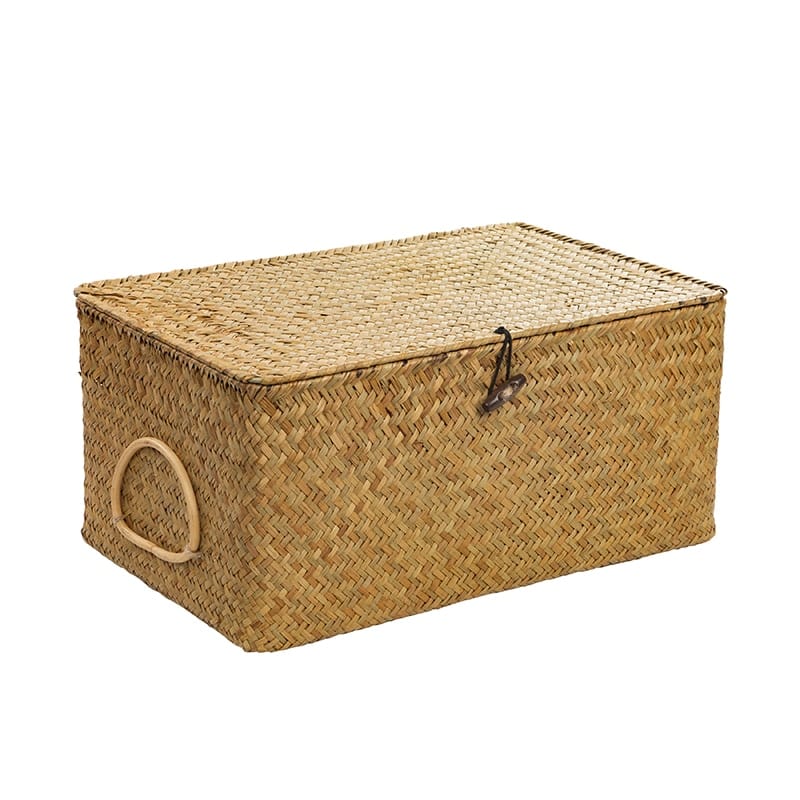 Rectangular hand woven rattan storage box with a carry handle