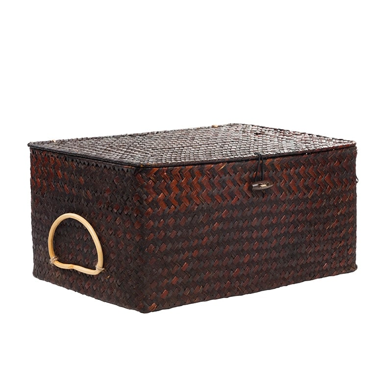 Rectangular hand woven rattan storage box with a carry handle