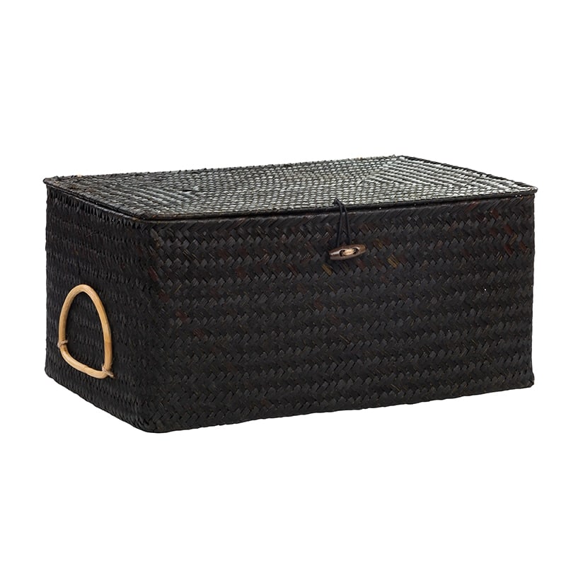Rectangular hand woven rattan storage box with a carry handle