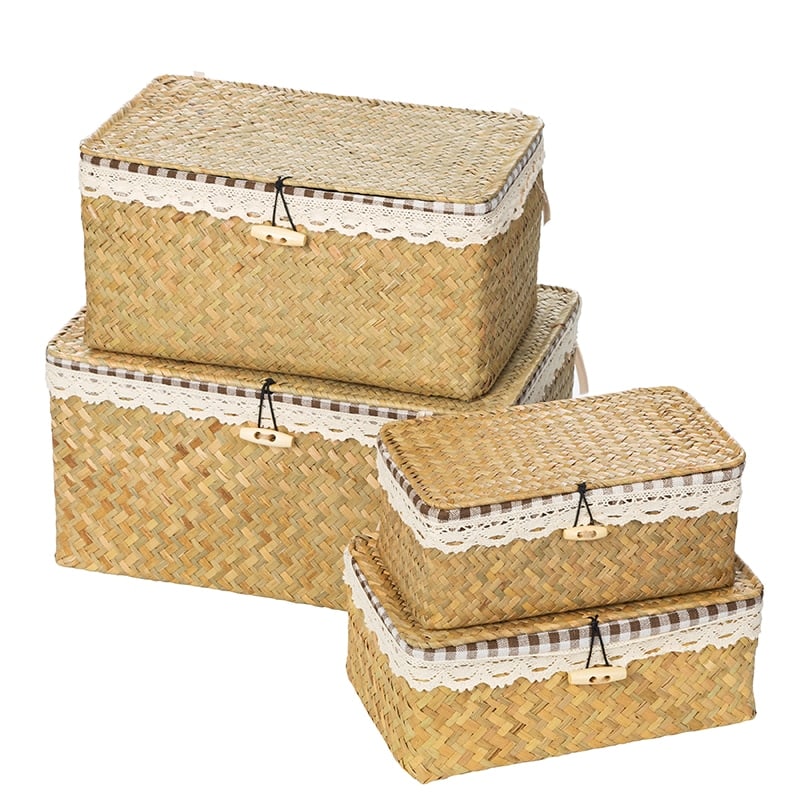 Rectangular hand woven rattan storage box with a fitted lid