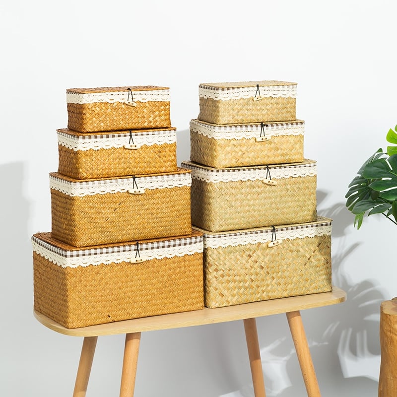 Rectangular hand woven rattan storage box with a fitted lid
