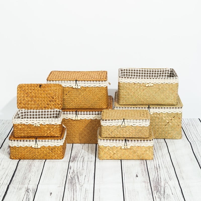 Rectangular hand woven rattan storage box with a fitted lid