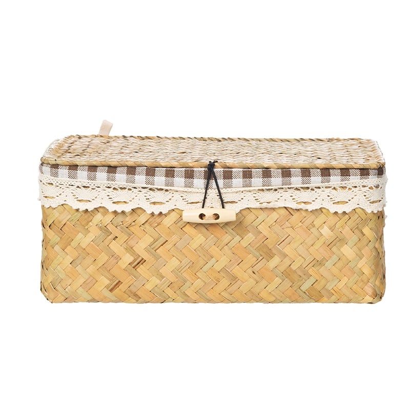 Rectangular hand woven rattan storage box with a fitted lid