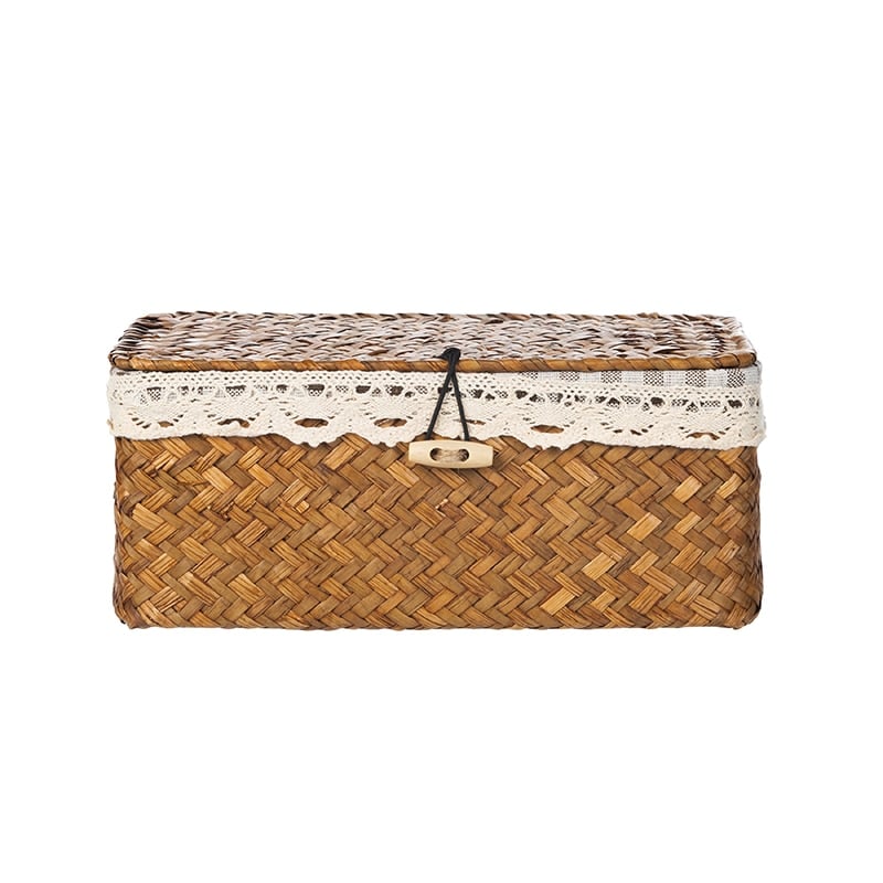 Rectangular hand woven rattan storage box with a fitted lid
