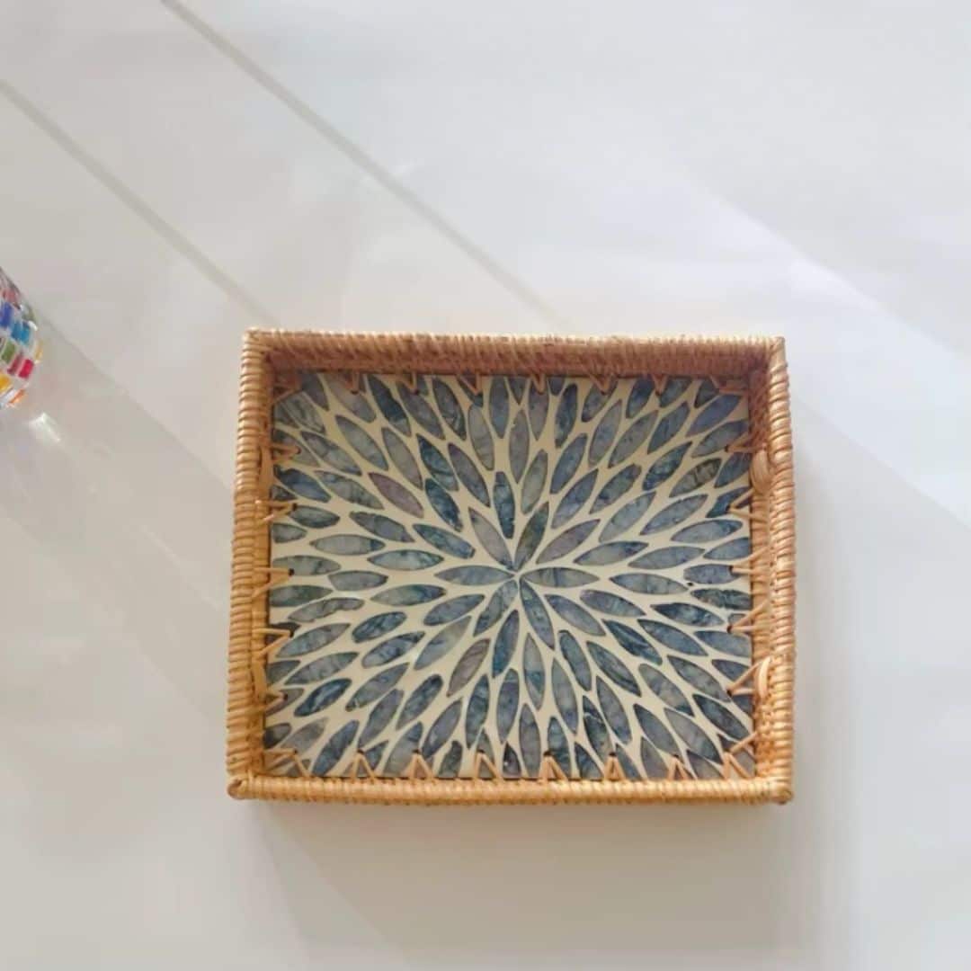 Rectangular woven rattan tray with blue graphic pattern