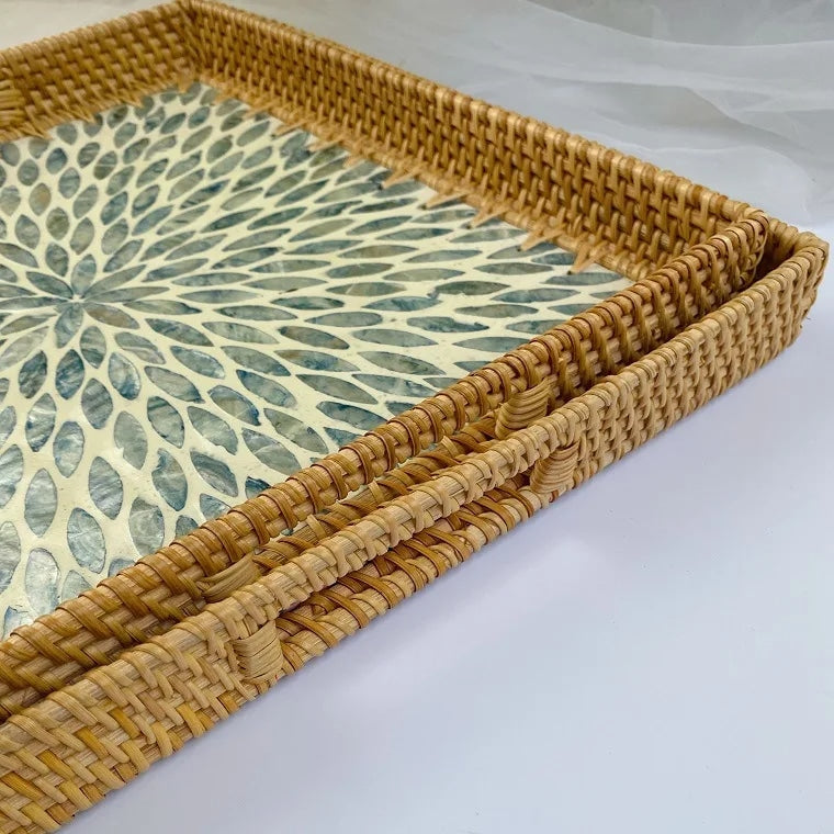 Rectangular woven rattan tray with blue graphic pattern