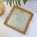 Rectangular woven rattan tray with blue graphic pattern