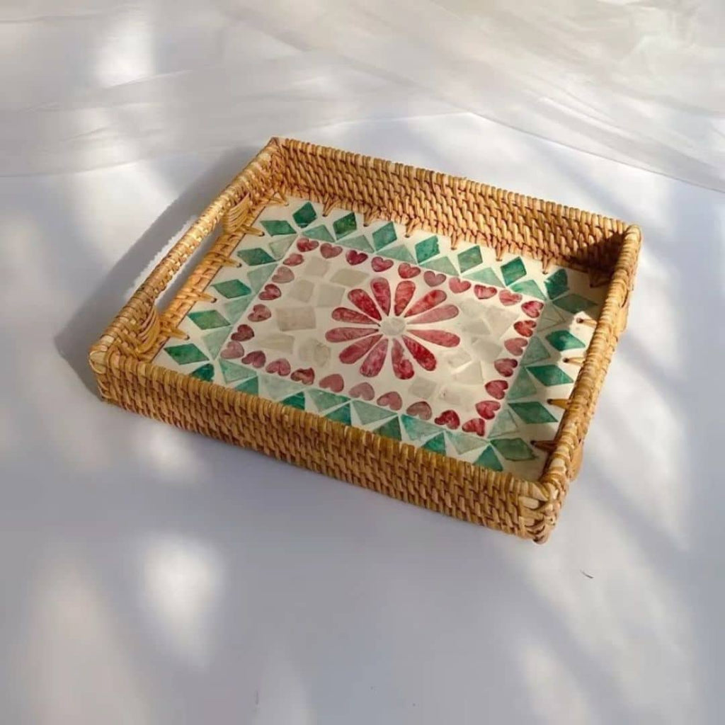 Rectangular rattan tray with red floral pattern on the base