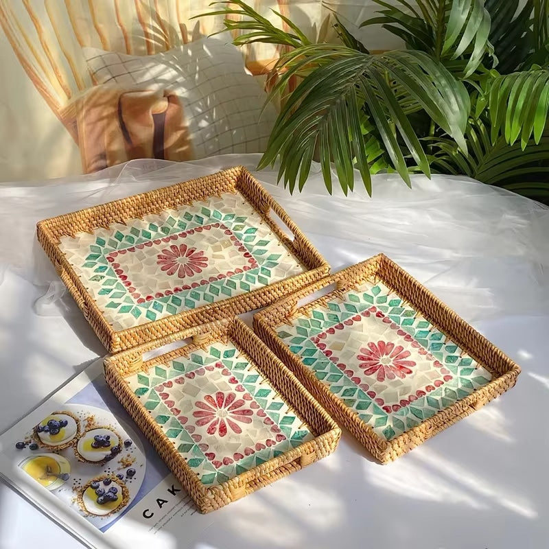 Rectangular rattan tray with red floral pattern on the base
