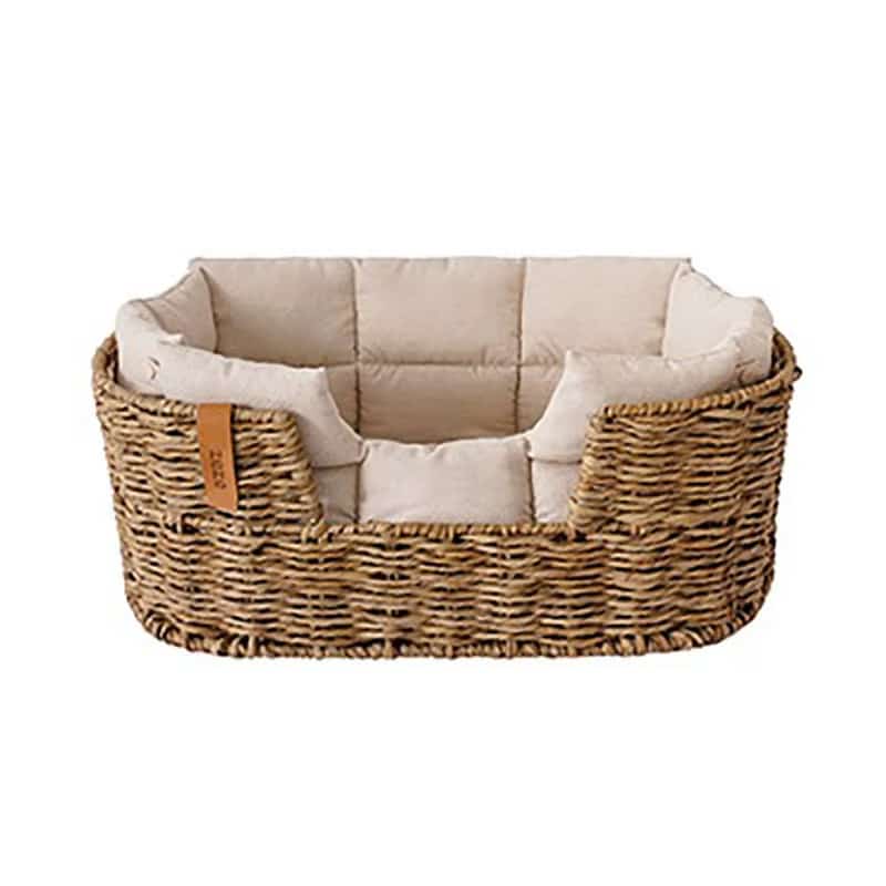 Rectangular wicker dog bed with a cushion