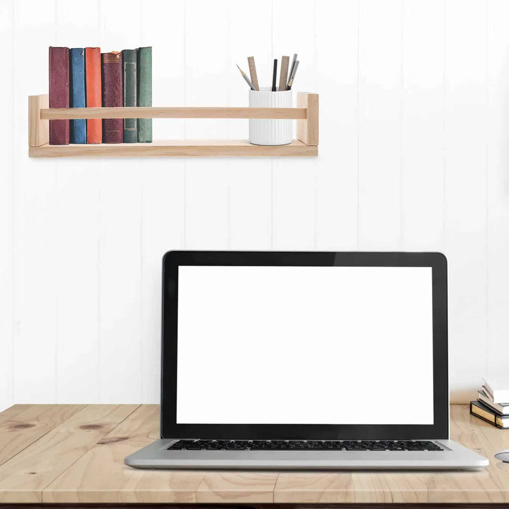 Rectangular light wood floating shelf with hidden wall fixings