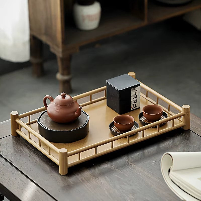 Rectangular handwoven bamboo tray with raised edges