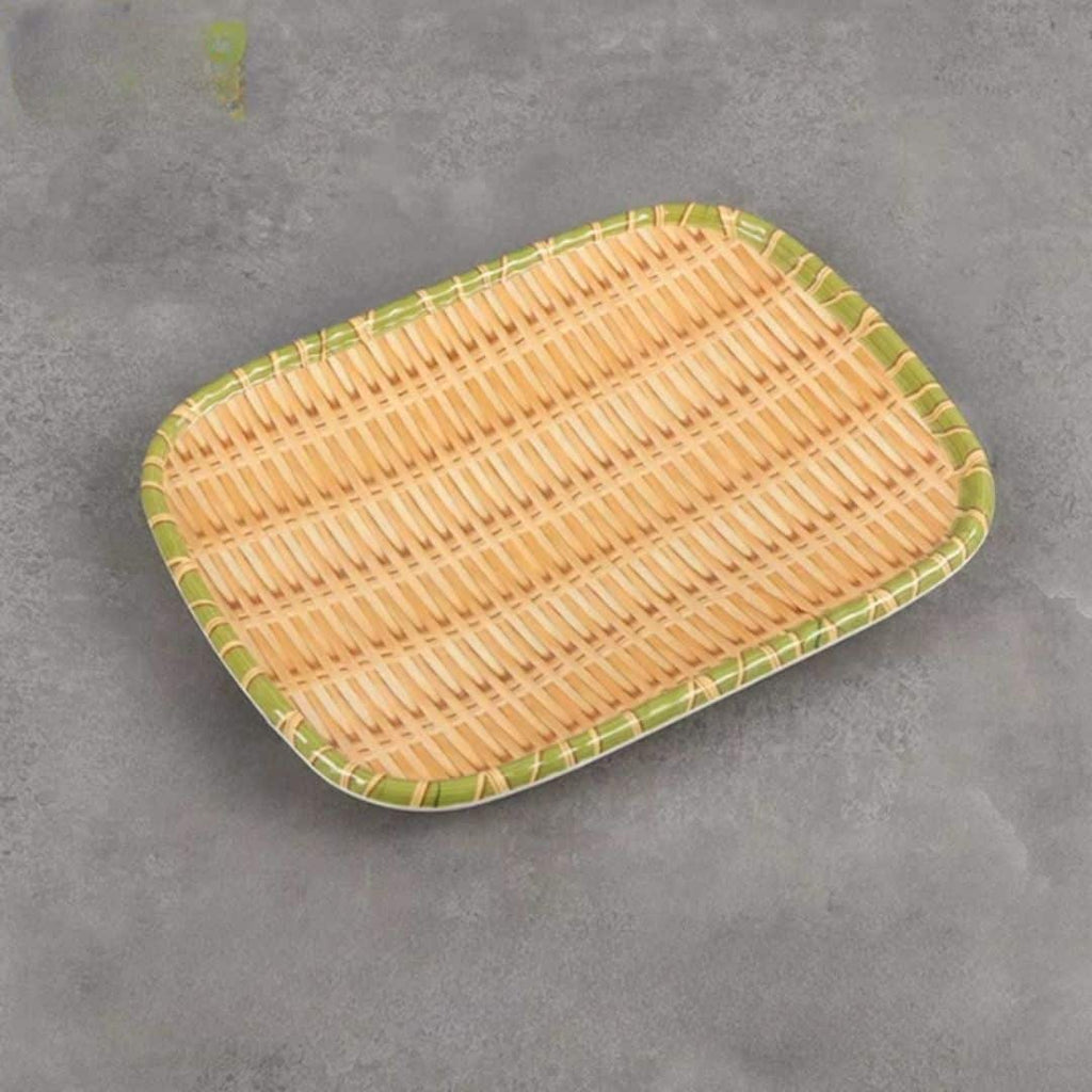 Rectangular hand woven bamboo tray plate with a raised rim