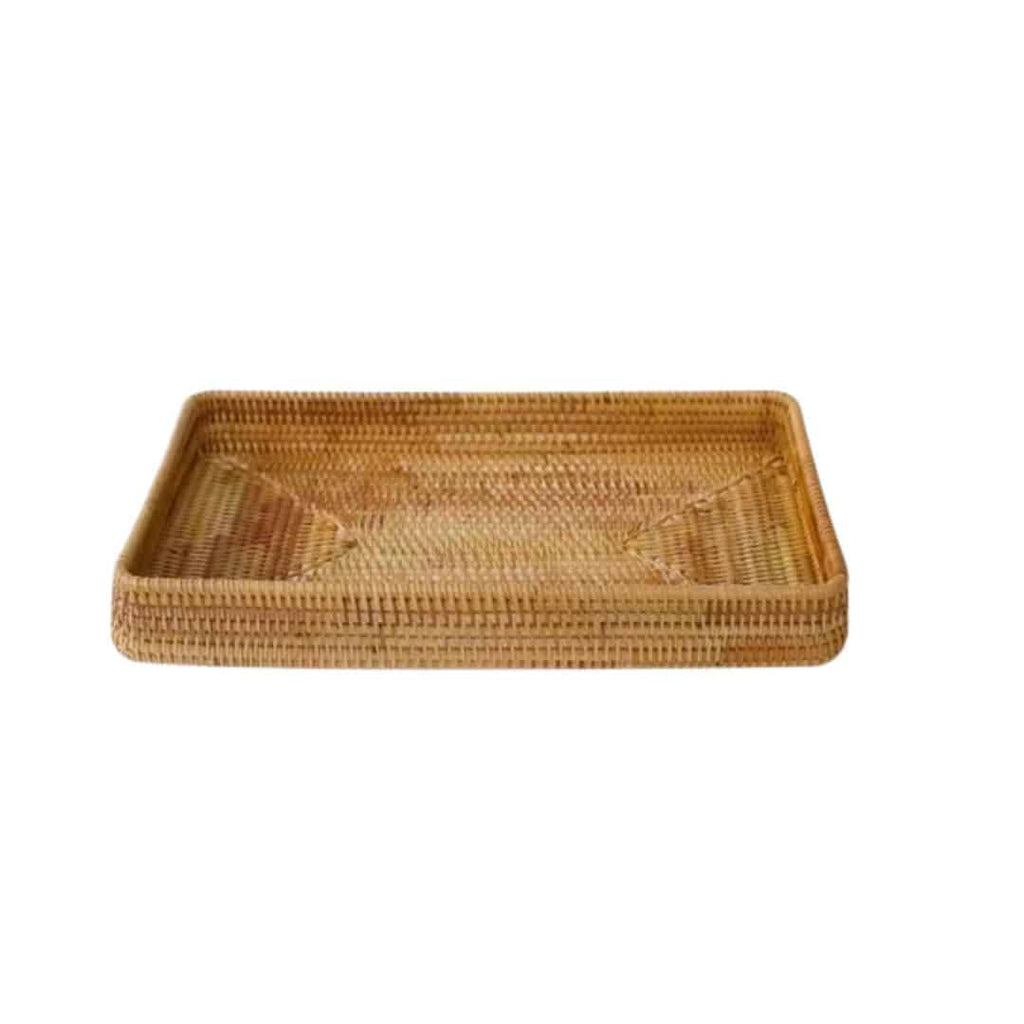 Rectangular finely woven bamboo tray in honey brown
