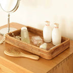 Rectangular finely woven bamboo tray in honey brown