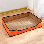 Low rectangular woven pet bed with orange edging