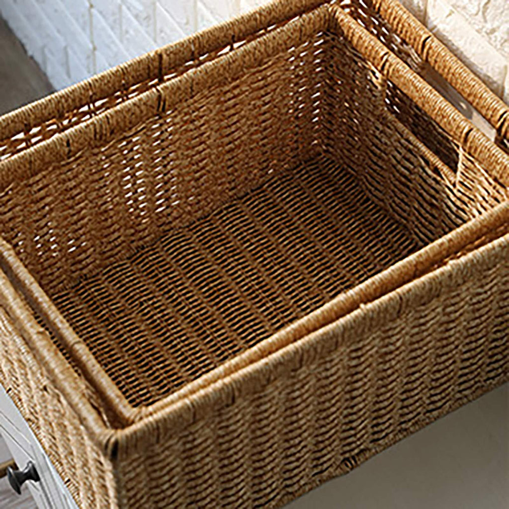 Rectangular woven rattan storage basket holding books