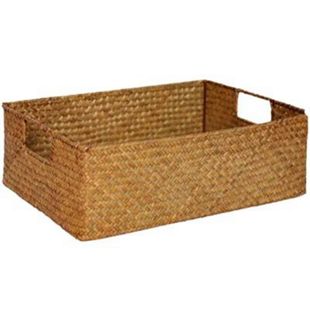 Rectangular woven shelf baskets holding folded clothes