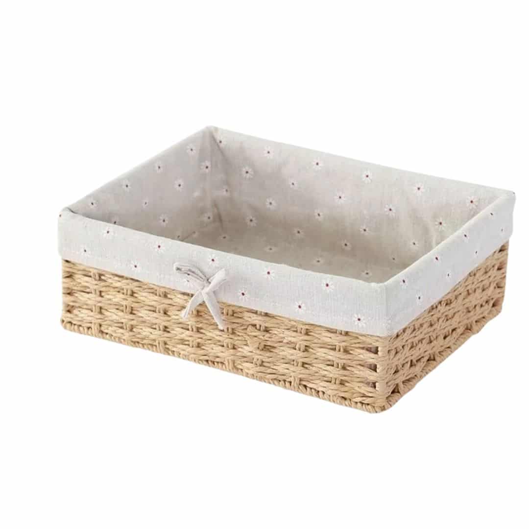 Rectangular woven storage basket with fabric liner