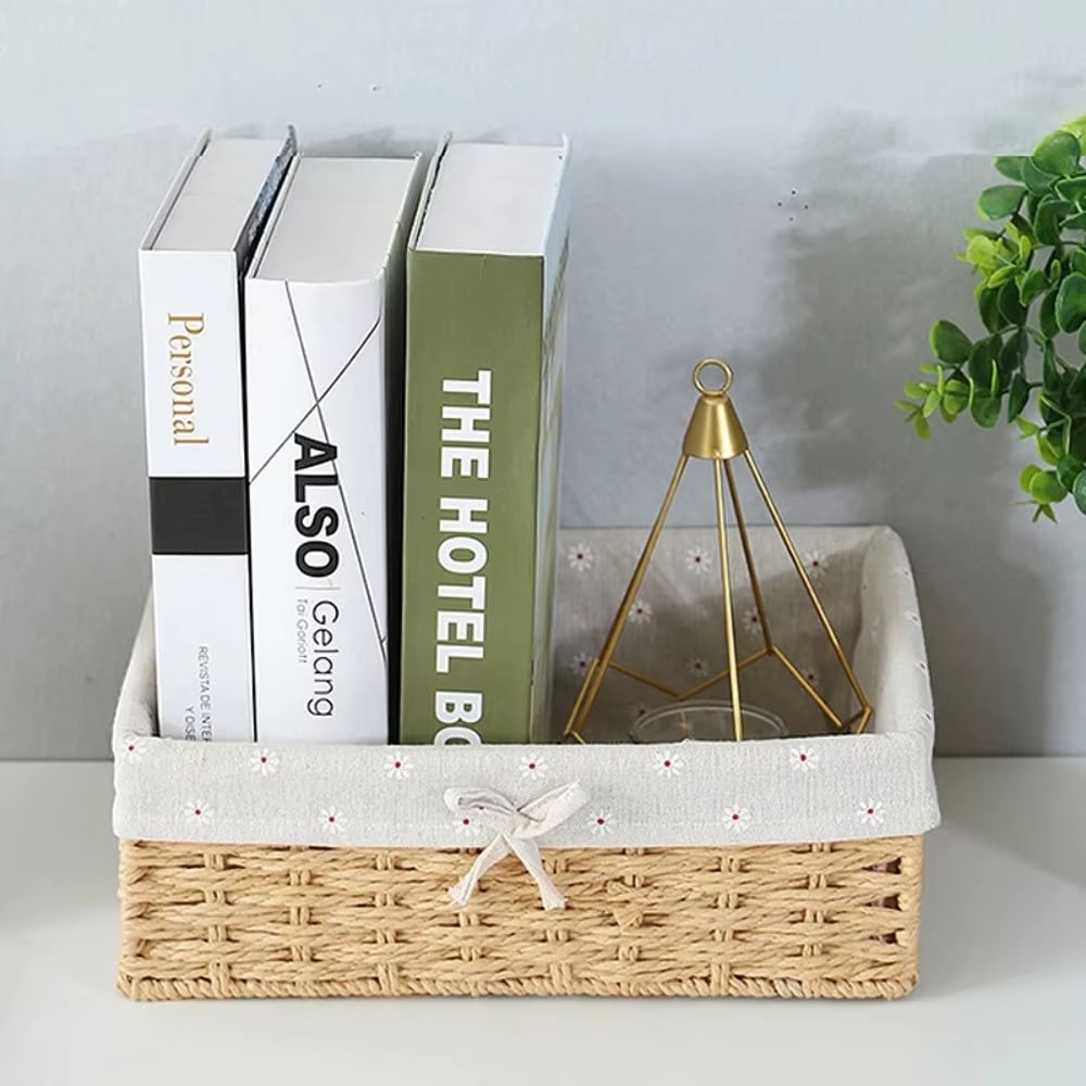 Rectangular woven storage basket with fabric liner