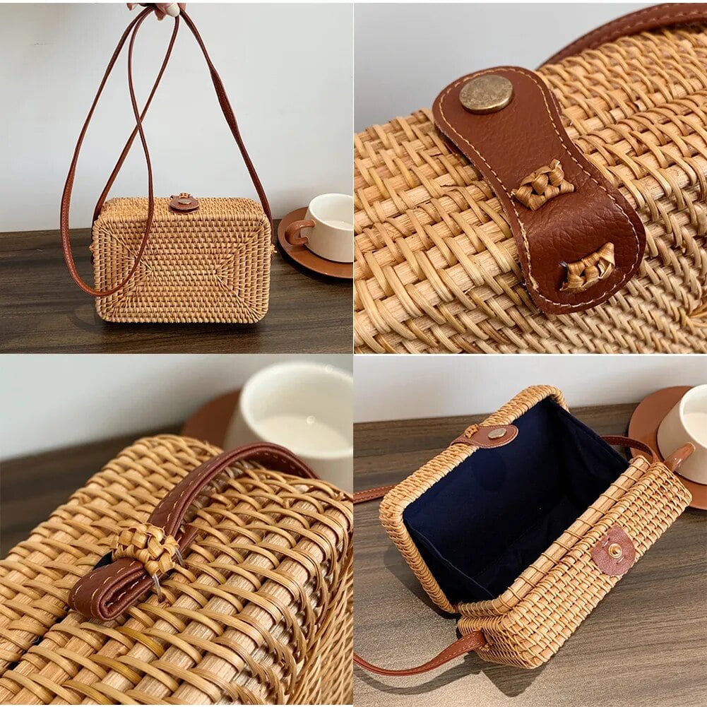 Structured rectangular hand woven straw shoulder bag with a single handle