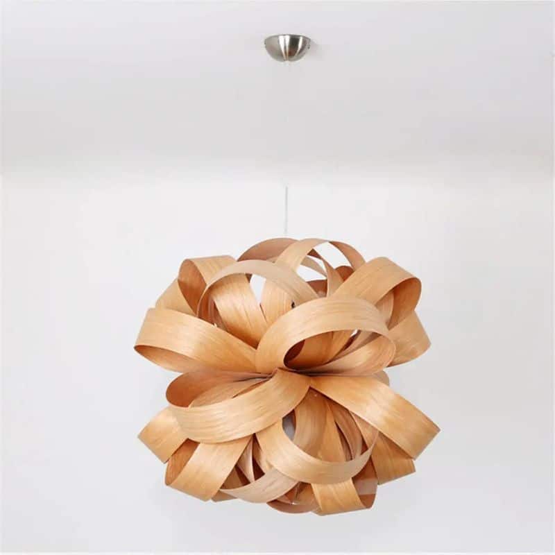 Round pendant light made of fine natural wood and bamboo slats