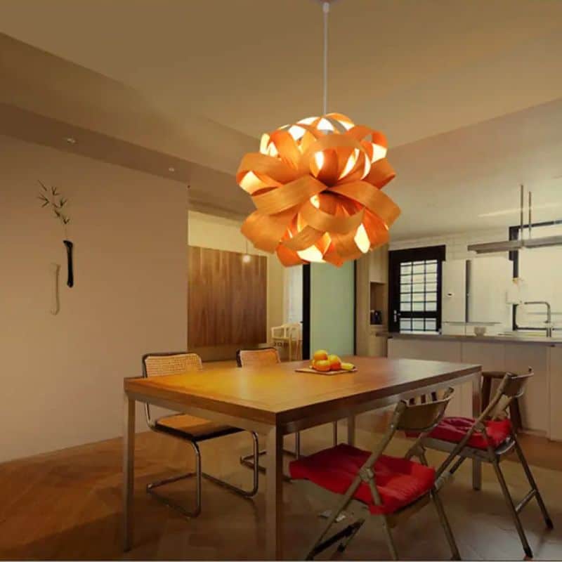 Round pendant light made of fine natural wood and bamboo slats