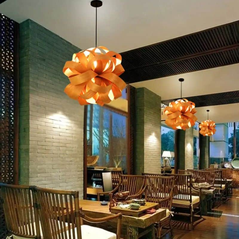 Round pendant light made of fine natural wood and bamboo slats