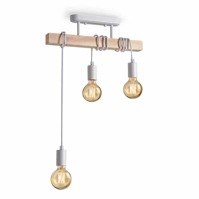 Retro American pendant light with a natural wood frame and patinated metal