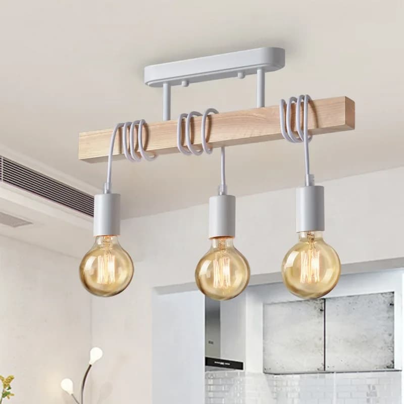 Retro American pendant light with a natural wood frame and patinated metal