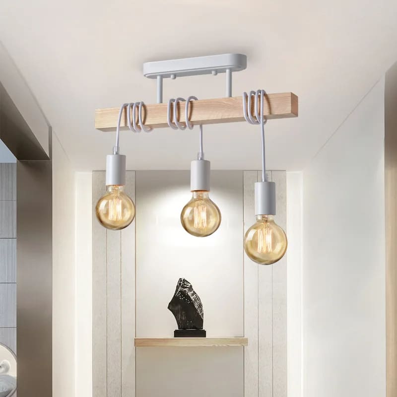 Retro American pendant light with a natural wood frame and patinated metal