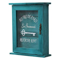 Retro blue wooden key box with a hinged door and hooks inside