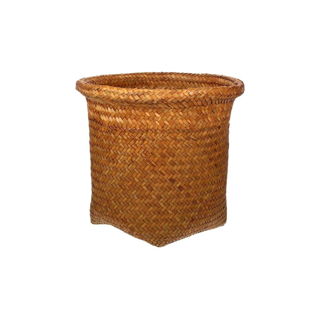 Oval brown rattan wastebasket with a tight retro weave