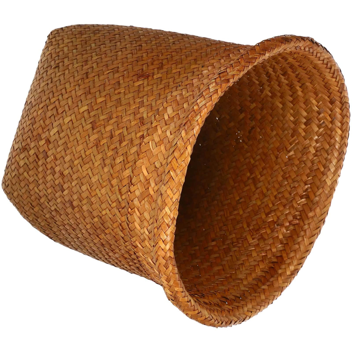 Oval brown rattan wastebasket with a tight retro weave