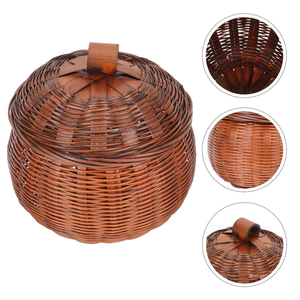 Round brown wicker basket with lid